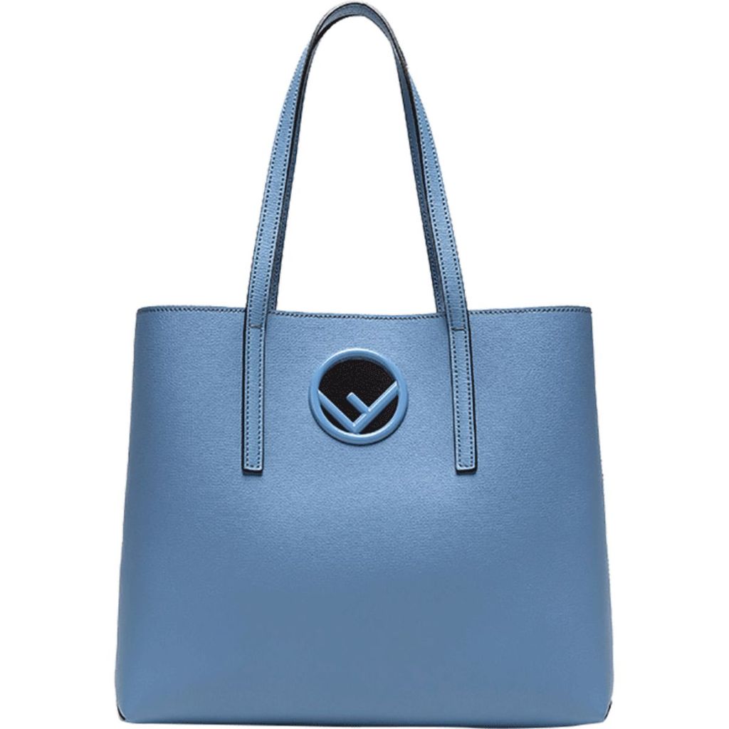 FENDI Leather Baby Blue Shopping Tote Cut Out Fendi Logo
